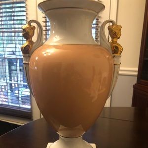 Salmon Vase with White Glaze & Gilt and Caryatid Handles 12.75” x 7”